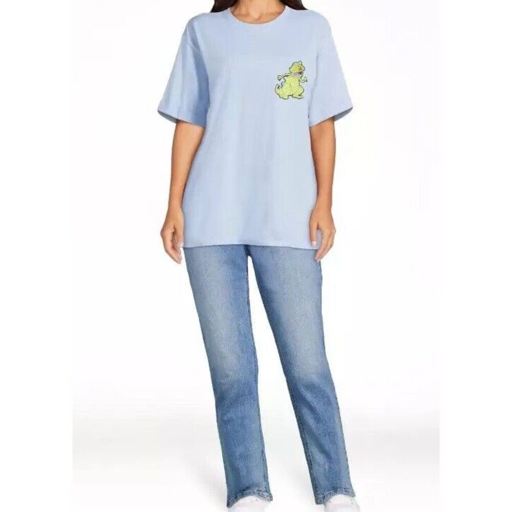 Nickelodeon T-Shirt Womens Small Blue Graffiti‎  Embroidered Rugrats Nostalgia